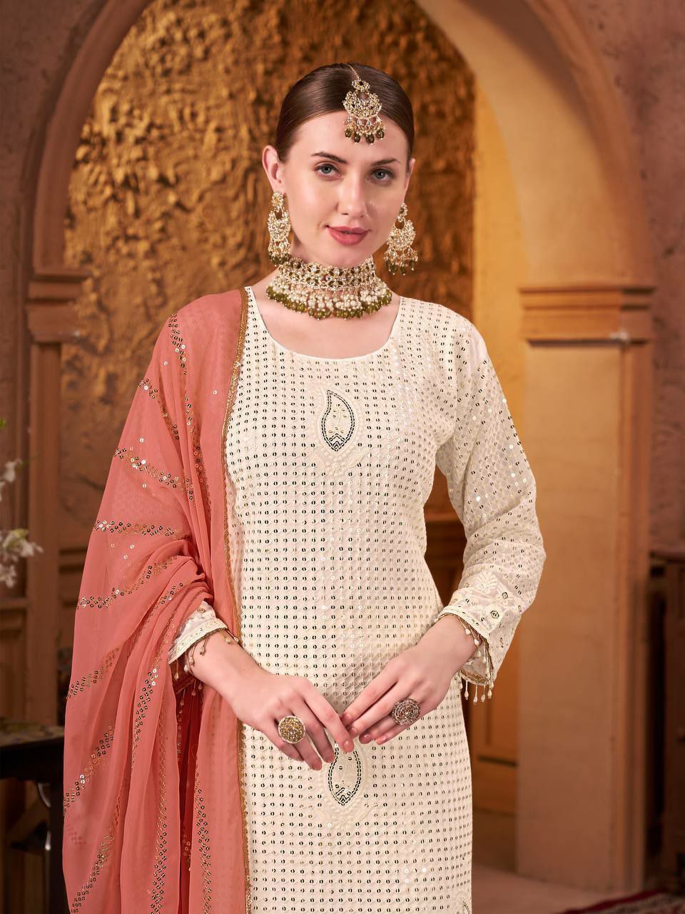 Off White Georgette Embroidered Salwar Suit with Moti Lace