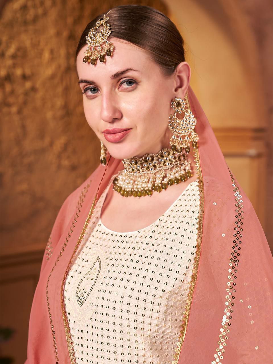 Off White Georgette Embroidered Salwar Suit with Moti Lace