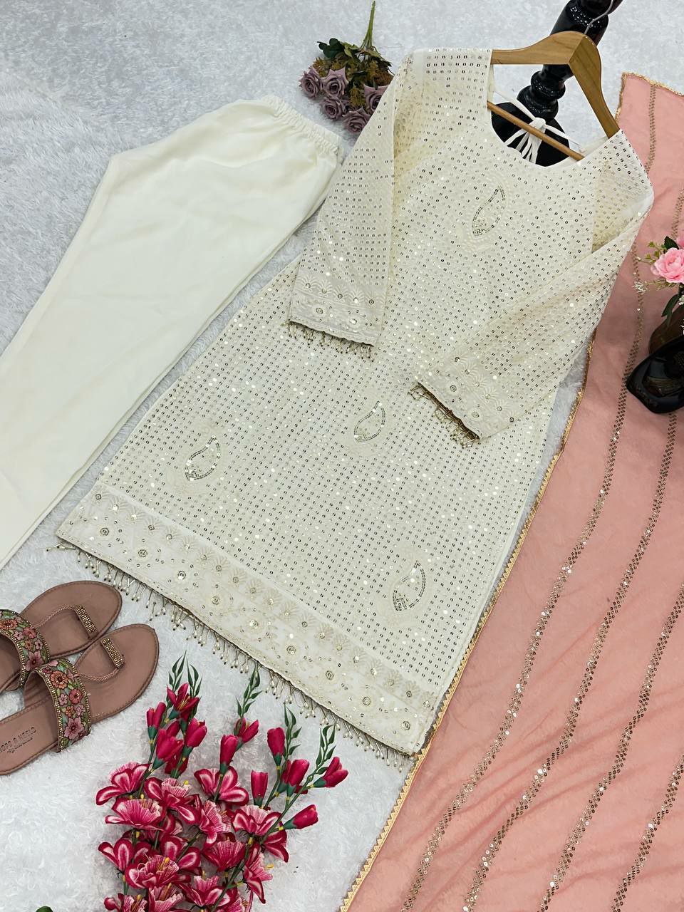 Off White Georgette Embroidered Salwar Suit with Moti Lace