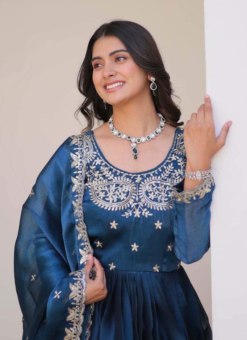 Prazu Fashion Blue Silk Embroidered Designer Gown