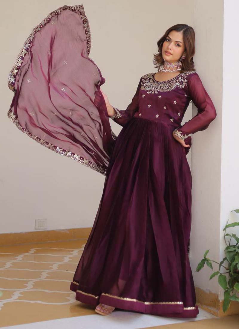 Prazu Fashion Violet Silk Embroidered Designer Gown