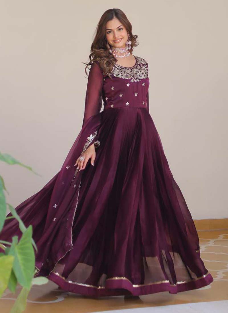 Prazu Fashion Violet Silk Embroidered Designer Gown