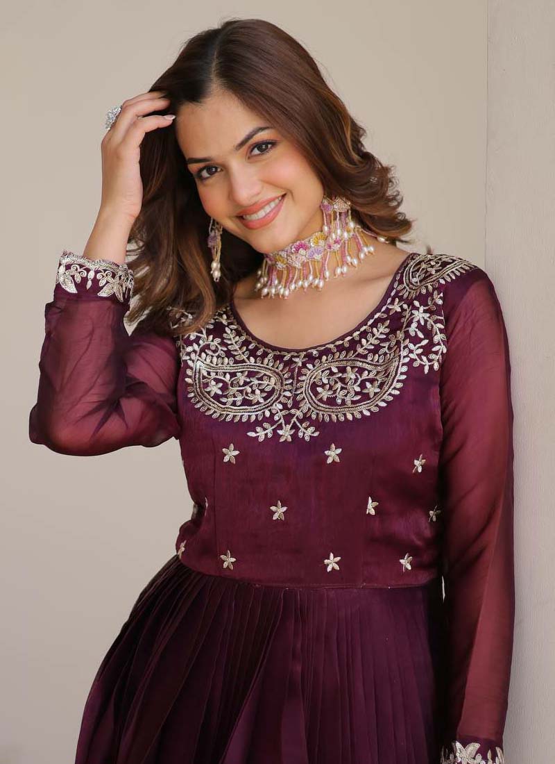 Prazu Fashion Violet Silk Embroidered Designer Gown