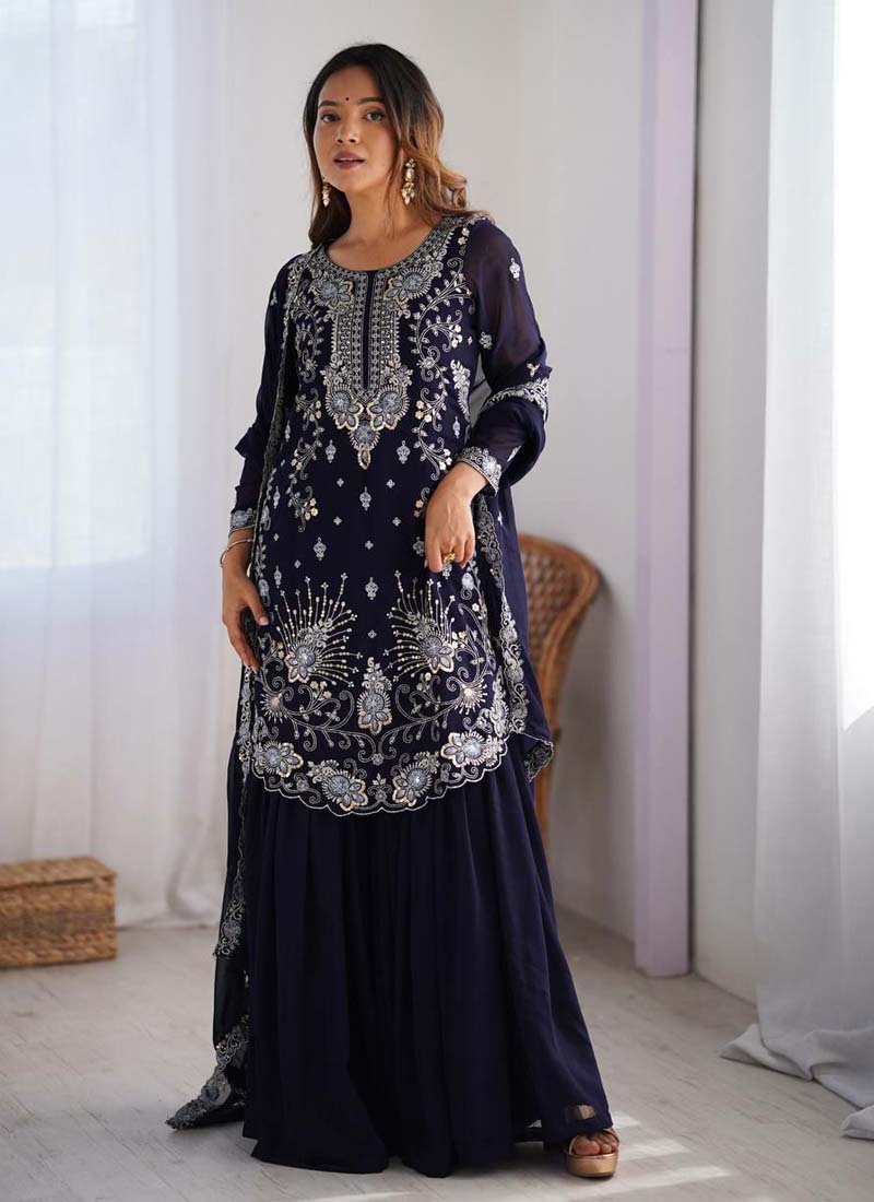 Blue Georgette Sequined Sharara Suit Set