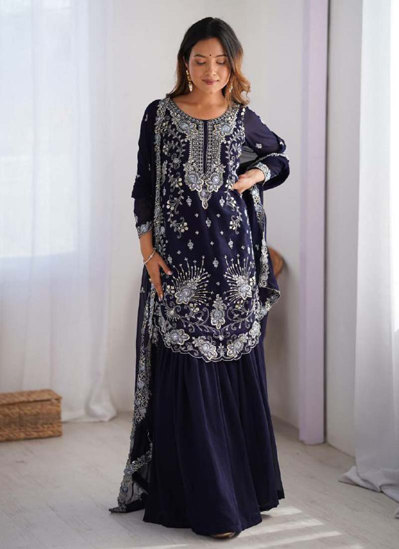 Blue Georgette Sequined Sharara Suit Set