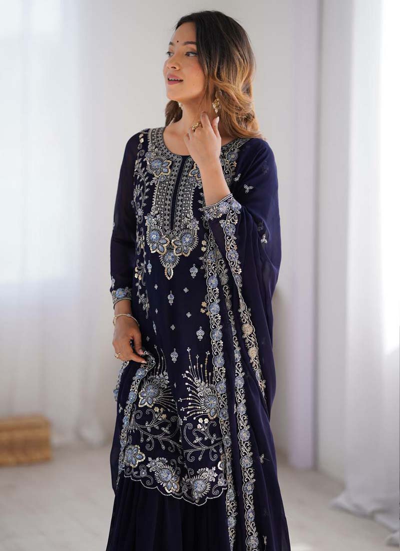 Blue Georgette Sequined Sharara Suit Set