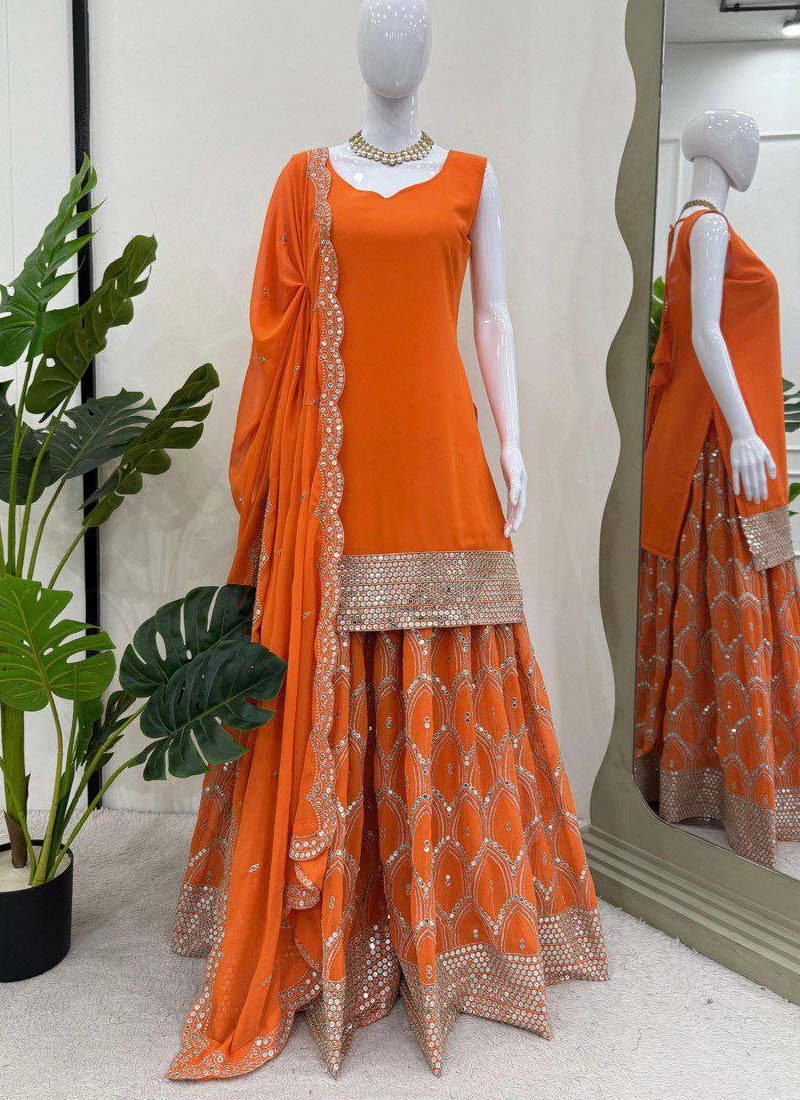 Orange Georgette Palazzo Suit with 9mm Sequence Embroidery