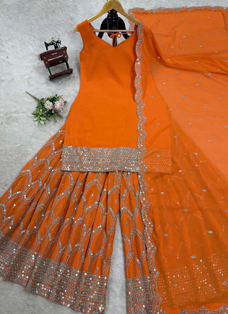 Orange Georgette Palazzo Suit with 9mm Sequence Embroidery