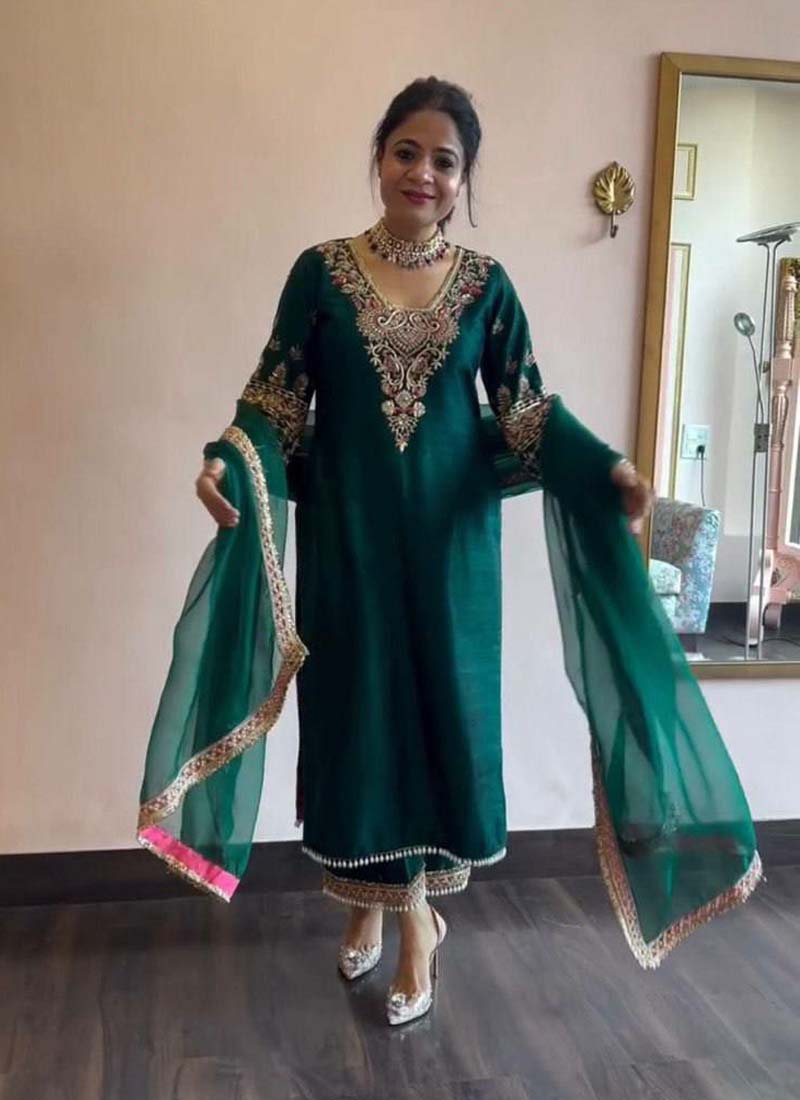 Green Vichitra Silk Embroidered Salwar Suit Set