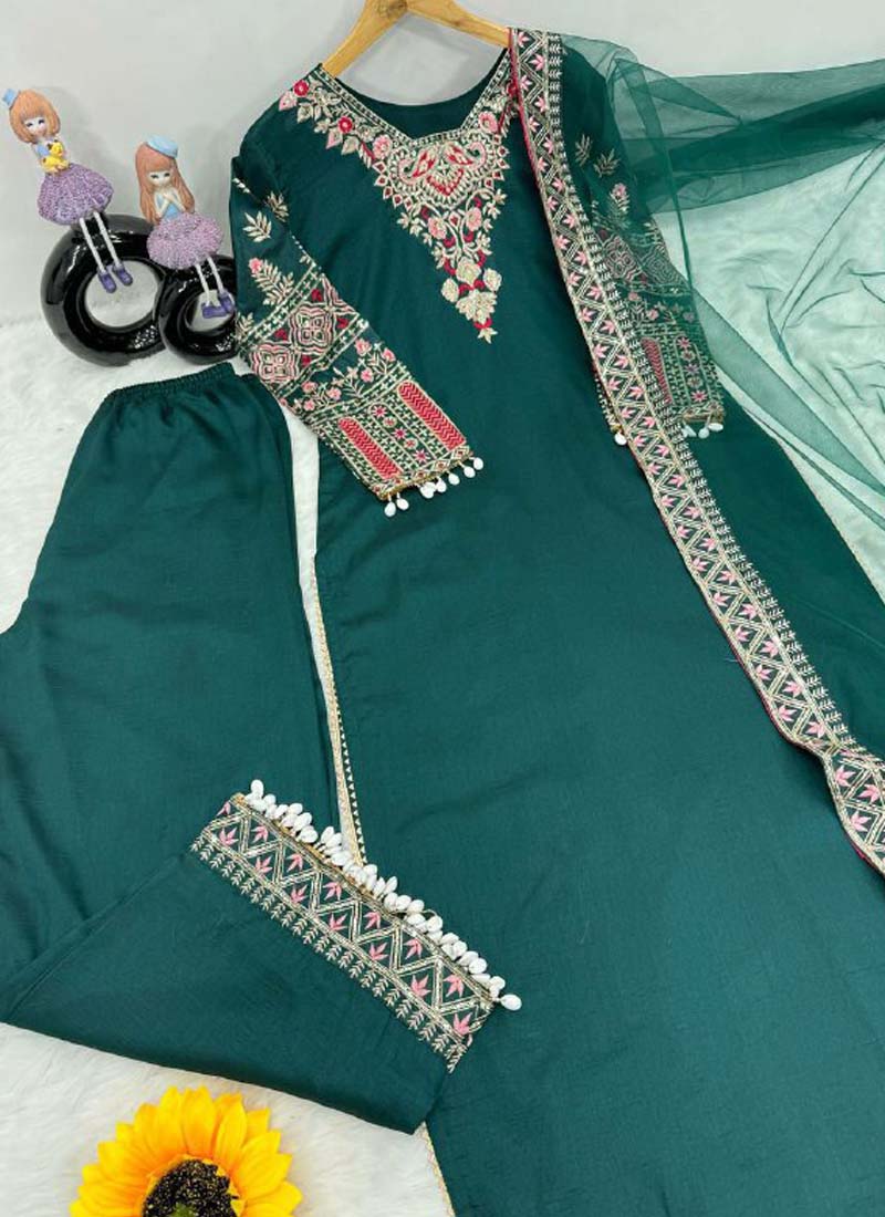 Green Vichitra Silk Embroidered Salwar Suit Set