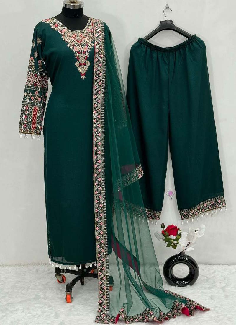 Green Vichitra Silk Embroidered Salwar Suit Set