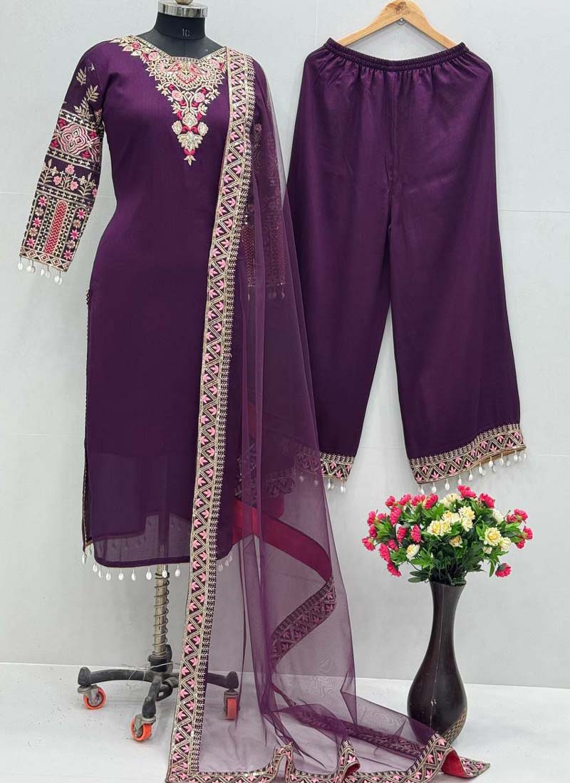 Violet Vichitra Silk Embroidered Salwar Suit
