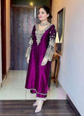 Violet Vichitra silk salwar suit with heavy embroidery and kodi lace