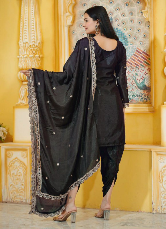 Black Chinon Silk Embroidered Dhoti Suit Set
