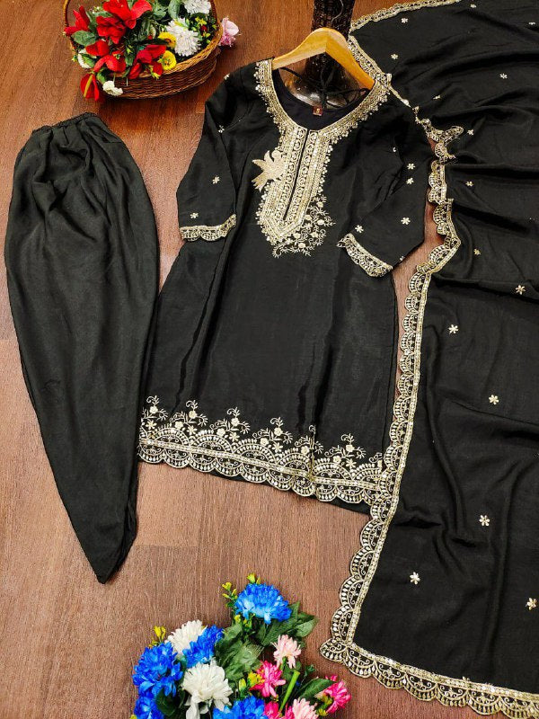 Black Chinon Silk Embroidered Dhoti Suit Set