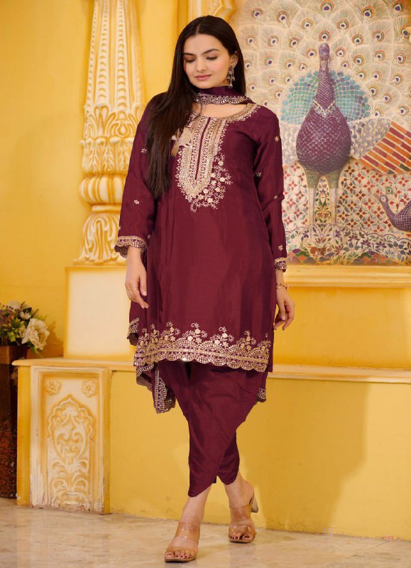 Maroon Chinon Silk Embroidered Dhoti Suit Set for Women