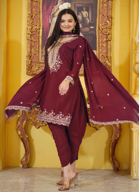 Maroon Chinon Silk Embroidered Dhoti Suit Set for Women