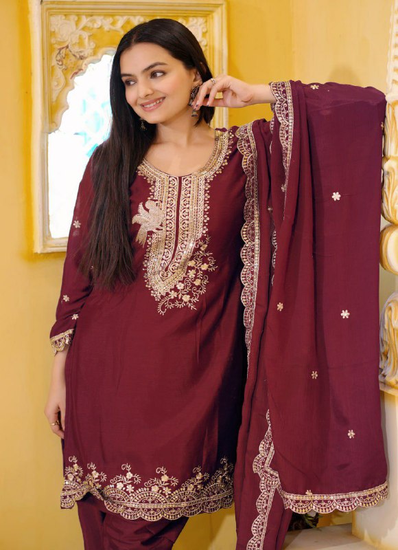 Maroon Chinon Silk Embroidered Dhoti Suit Set for Women