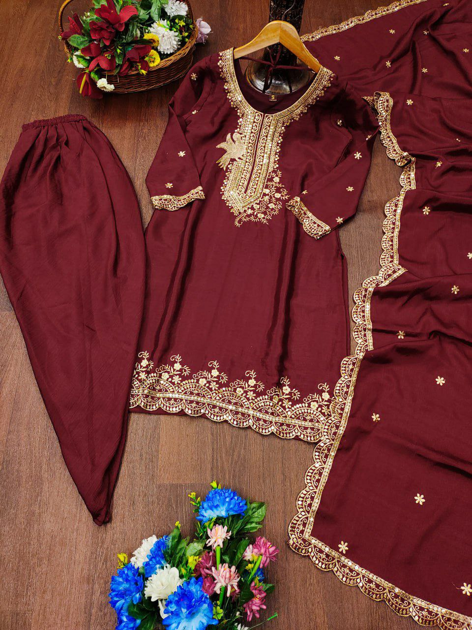 Maroon Chinon Silk Embroidered Dhoti Suit Set for Women
