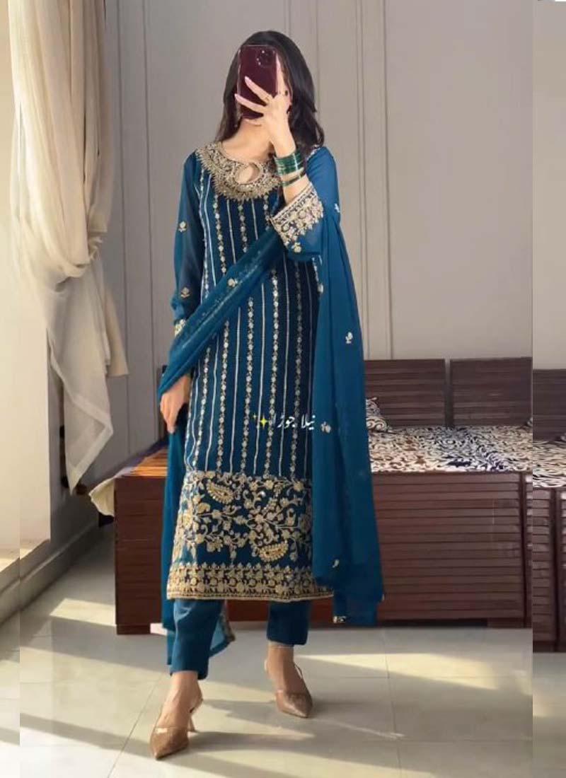 Firozi Chinon Silk Embroidered Salwar Suit with Sequence Work