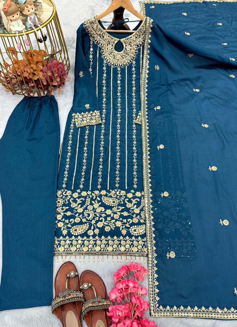 Firozi Chinon Silk Embroidered Salwar Suit with Sequence Work