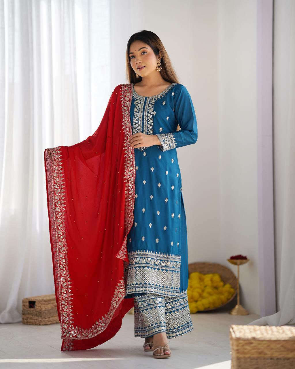 Firozi Chinon Silk Embroidered Salwar Suit with Sequence Work