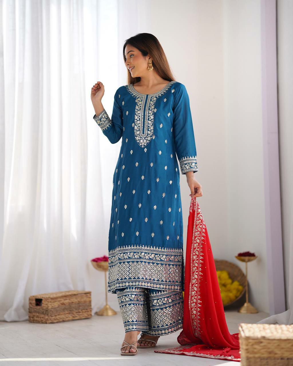 Firozi Chinon Silk Embroidered Salwar Suit with Sequence Work