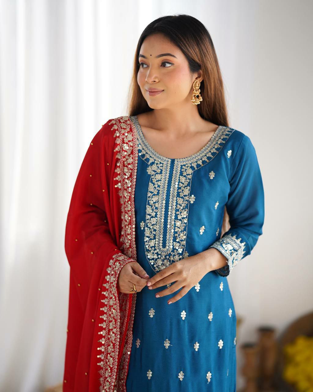 Firozi Chinon Silk Embroidered Salwar Suit with Sequence Work