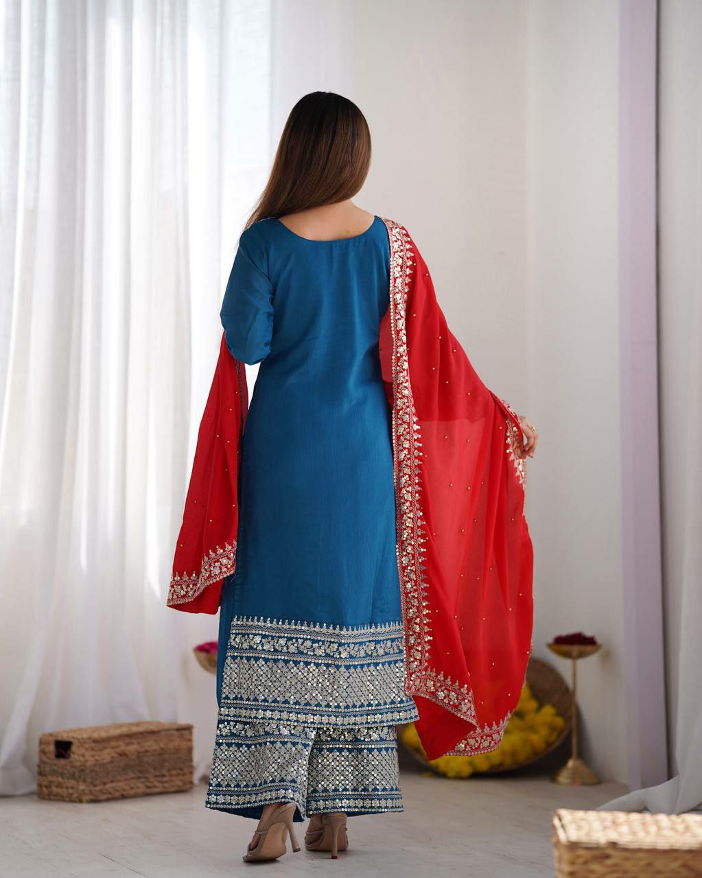 Firozi Chinon Silk Embroidered Salwar Suit with Sequence Work