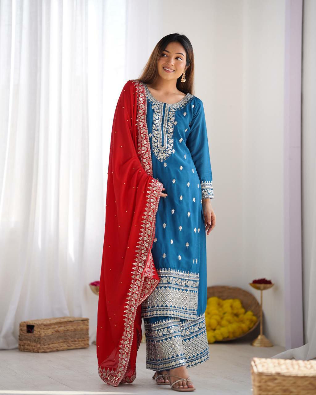 Front view of Firozi Chinon Silk Salwar Suit with heavy embroidery and sequence work details