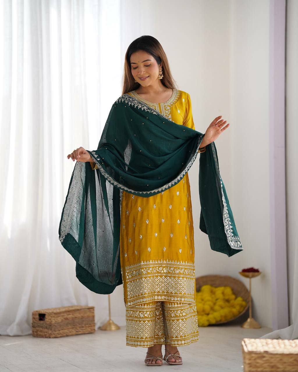 Prazu Fashion Yellow Chinon Silk Embroidered Salwar Suit