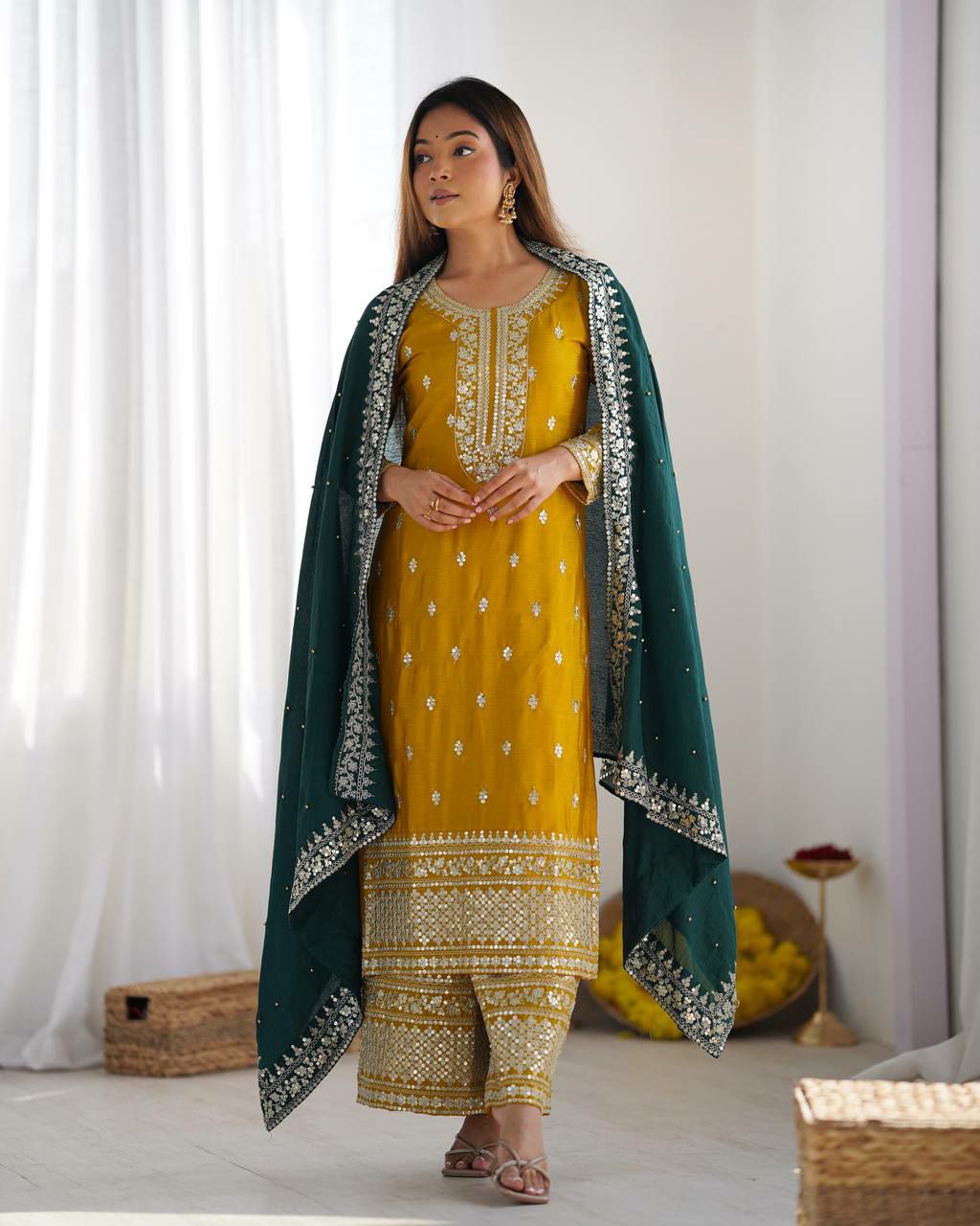 Prazu Fashion Yellow Chinon Silk Embroidered Salwar Suit