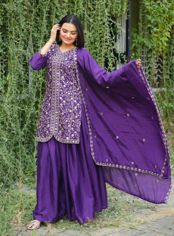 Violet Chinon Silk Embroidered Sharara Suit Set
