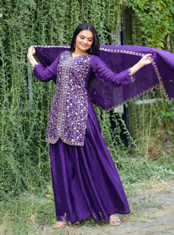 Violet Chinon Silk Embroidered Sharara Suit Set