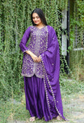 Violet Chinon silk sharara suit featuring delicate sequence embroidery