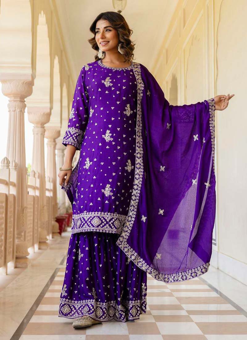 Violet Chinon Silk Sequence Work Sharara Suit Set