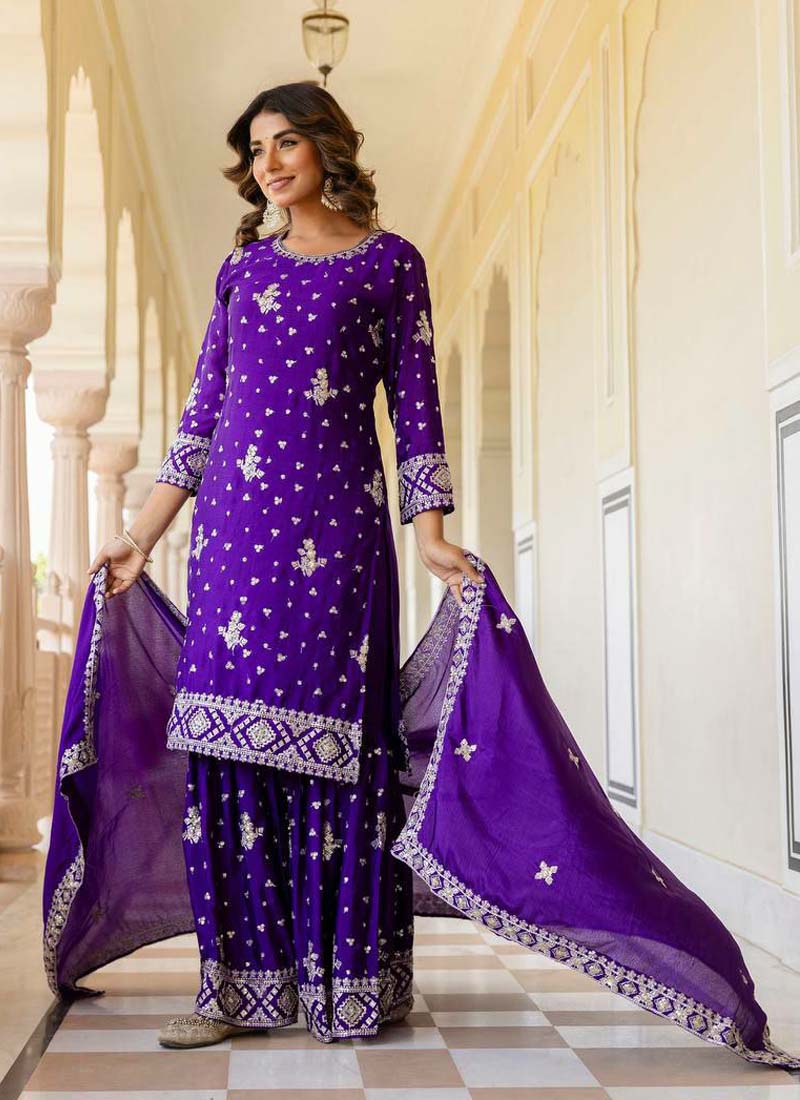 Violet Chinon Silk Sequence Work Sharara Suit Set