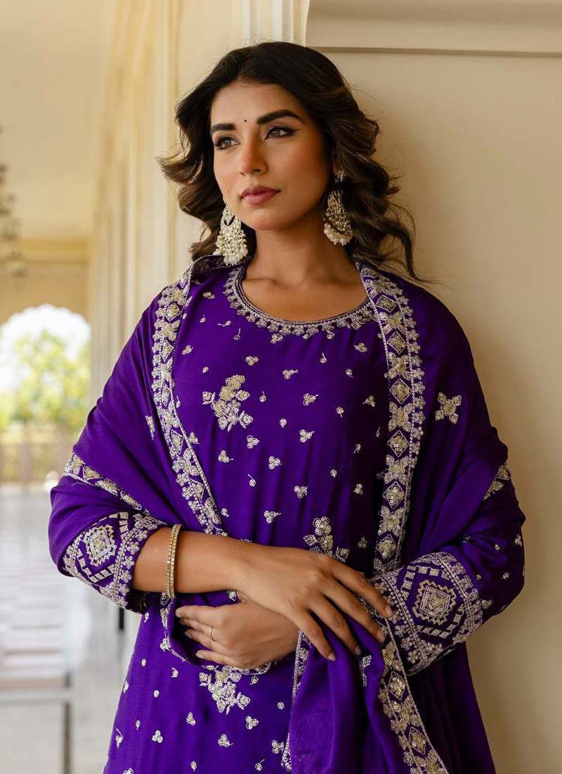 Violet Chinon Silk Sequence Work Sharara Suit Set