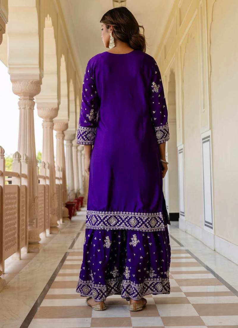 Violet Chinon Silk Sequence Work Sharara Suit Set