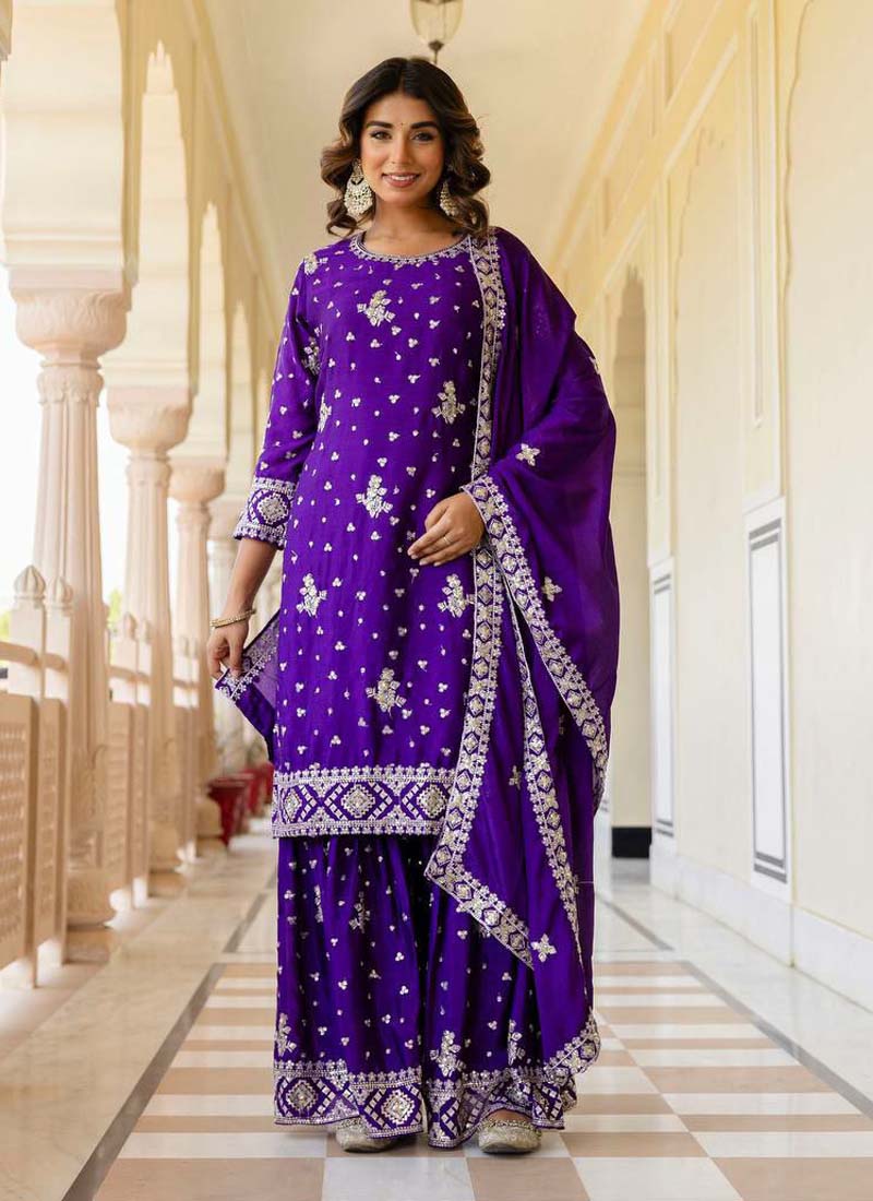Violet Chinon silk sharara suit with intricate embroidery and sequence work