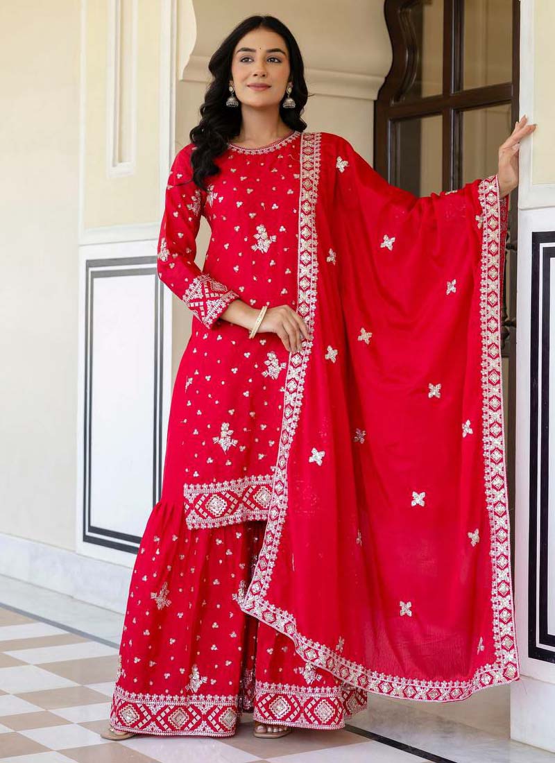Prazu Fashion Red Chinon Silk Sequence Sharara Suit