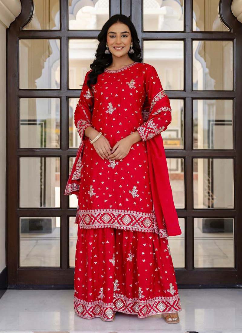 Prazu Fashion Red Chinon Silk Sequence Sharara Suit