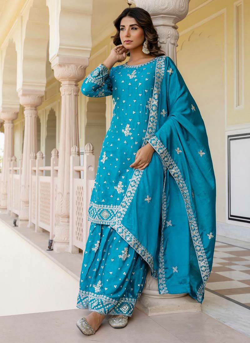 Prazu Fashion Teal Blue Chinon Silk Sequence Sharara Suit