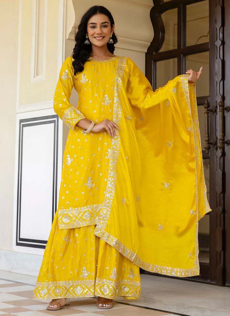 Yellow Chinon Silk Sharara Suit with Sequence Embroidery