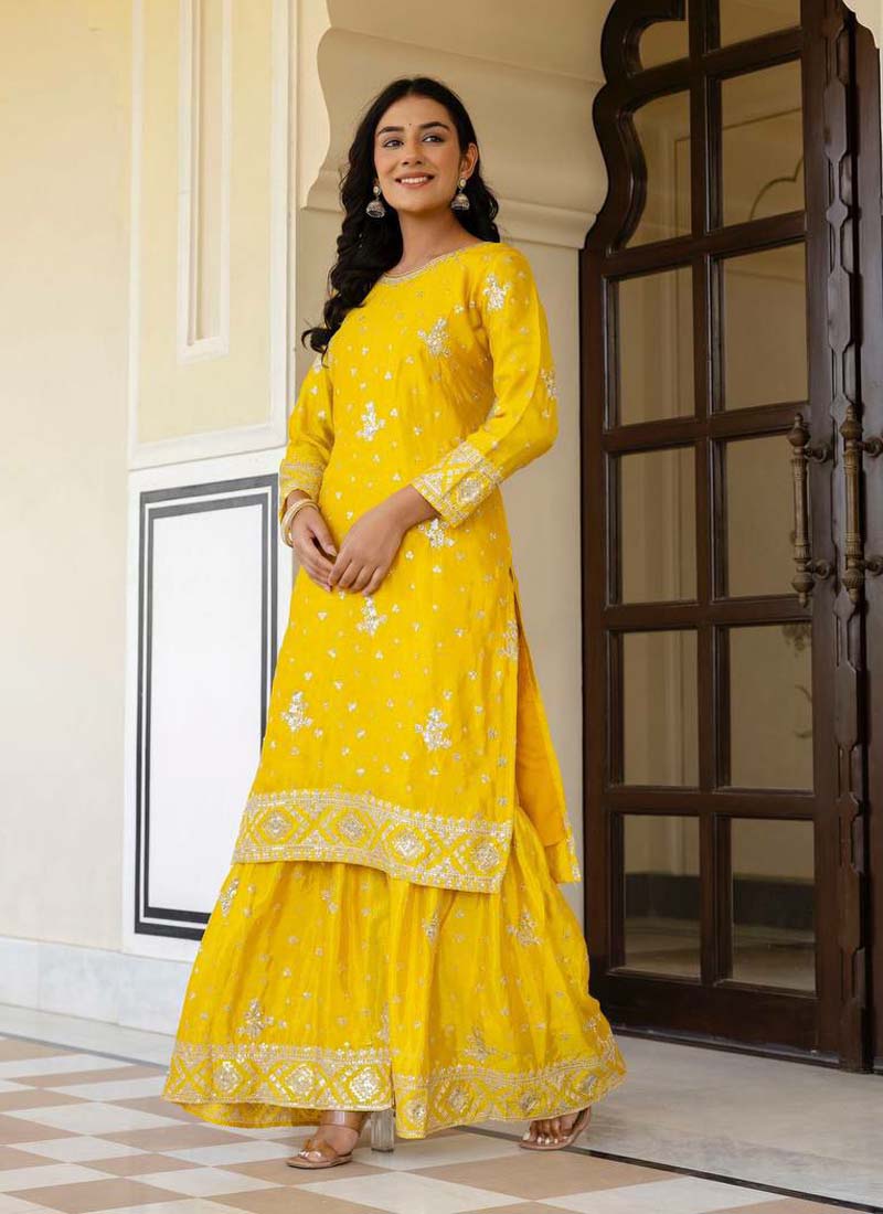 Yellow Chinon Silk Sharara Suit with Sequence Embroidery