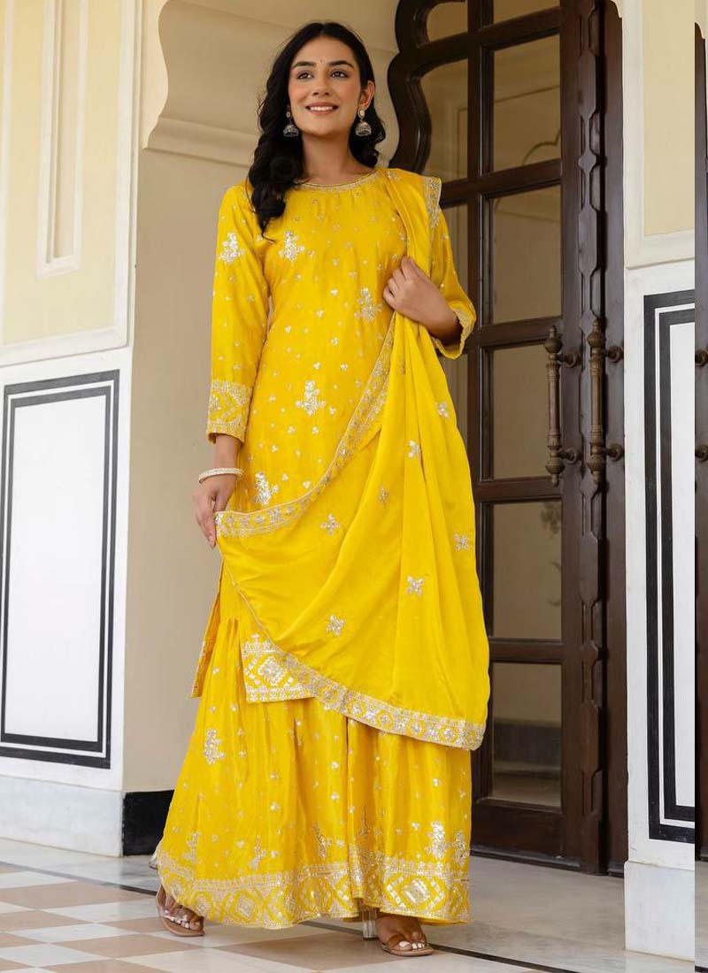 Yellow Chinon Silk Sharara Suit with Sequence Embroidery