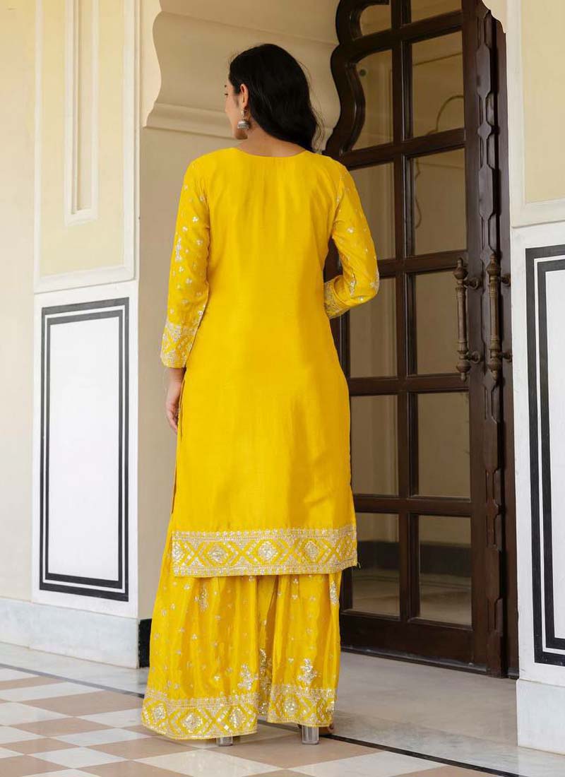 Yellow Chinon Silk Sharara Suit with Sequence Embroidery