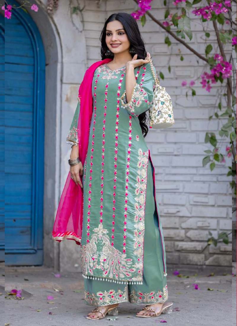Sea Green Roman Silk Embroidered Salwar Suit