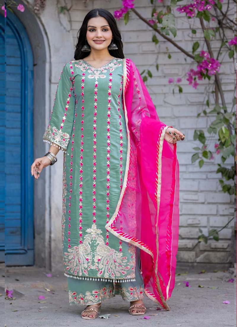 Sea Green Roman Silk Embroidered Salwar Suit