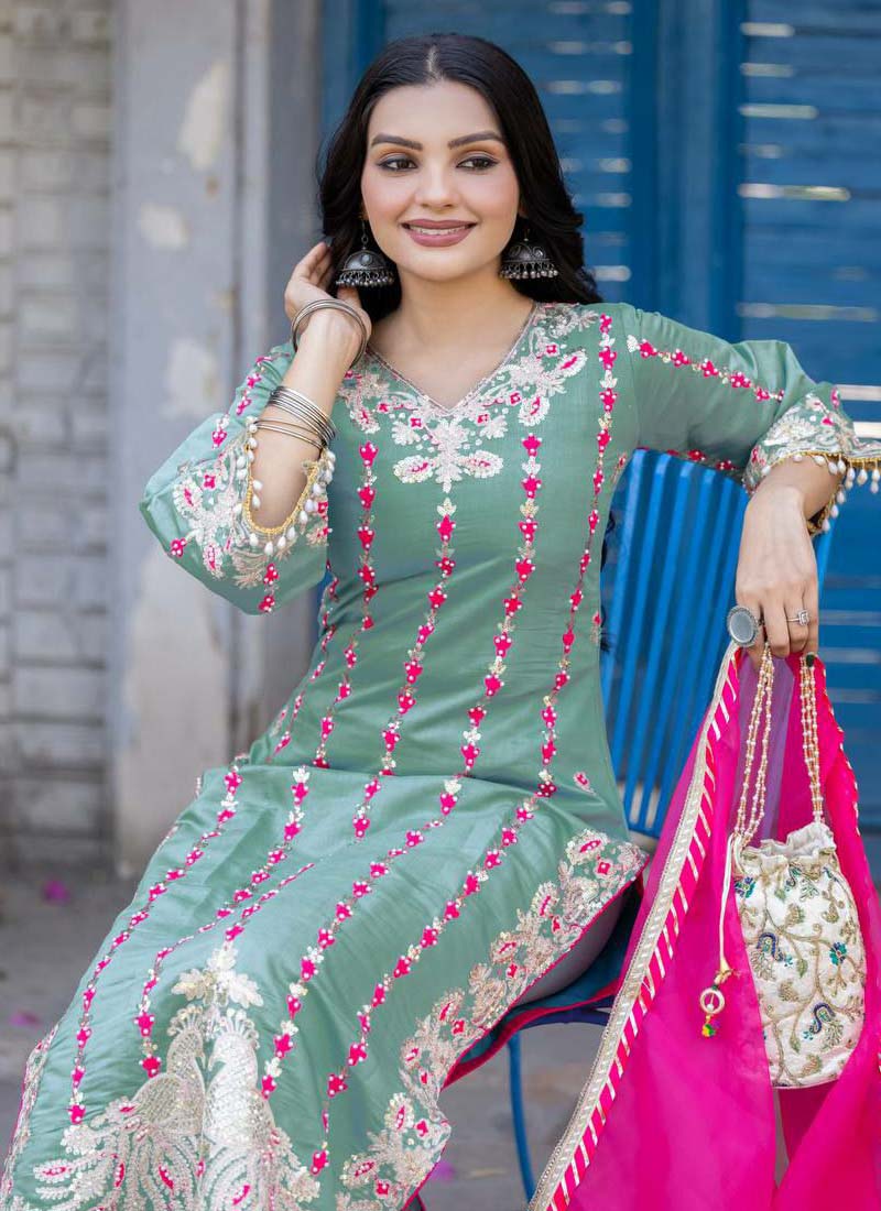 Sea Green Roman Silk Embroidered Salwar Suit